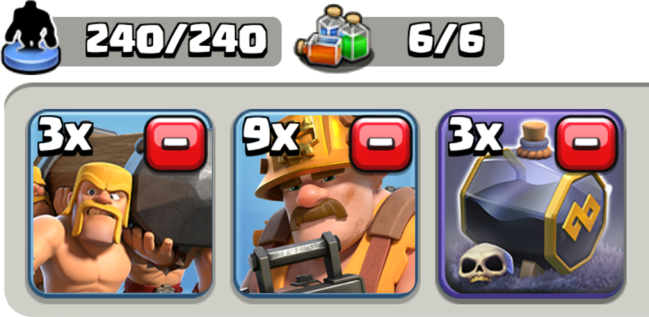 Clan Capital army: 3 Battle Rams, 9 Super Miners, 3 Graveyard spell